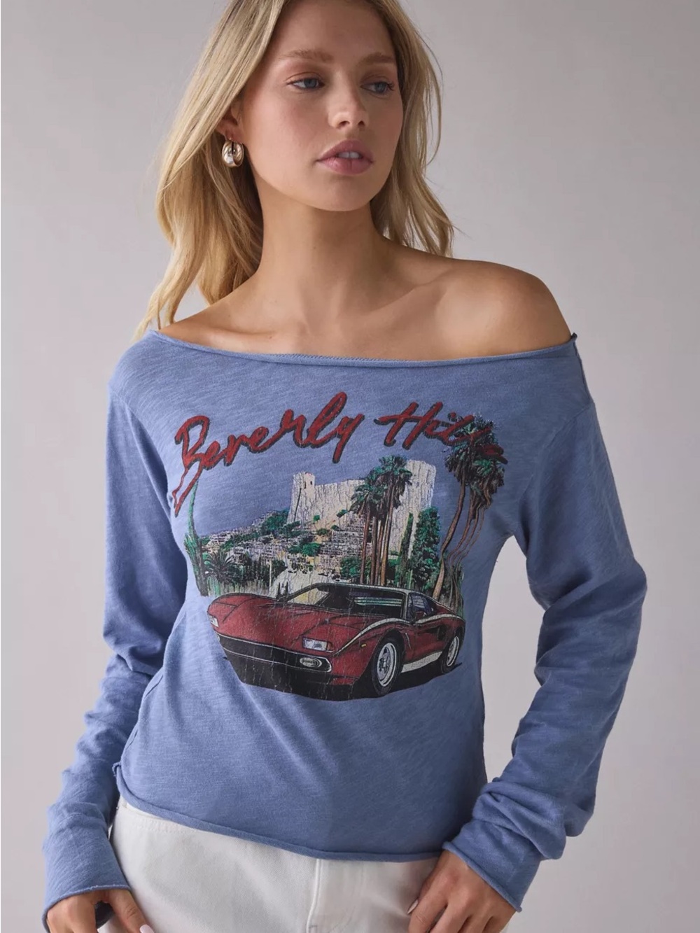 Urban Outfitters Blue Off-Shoulder Graphic Sweatshirt